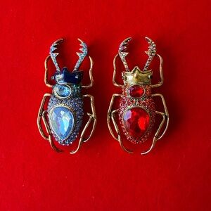 Gold Beetle Brooch Set with Red and Blue Crystals